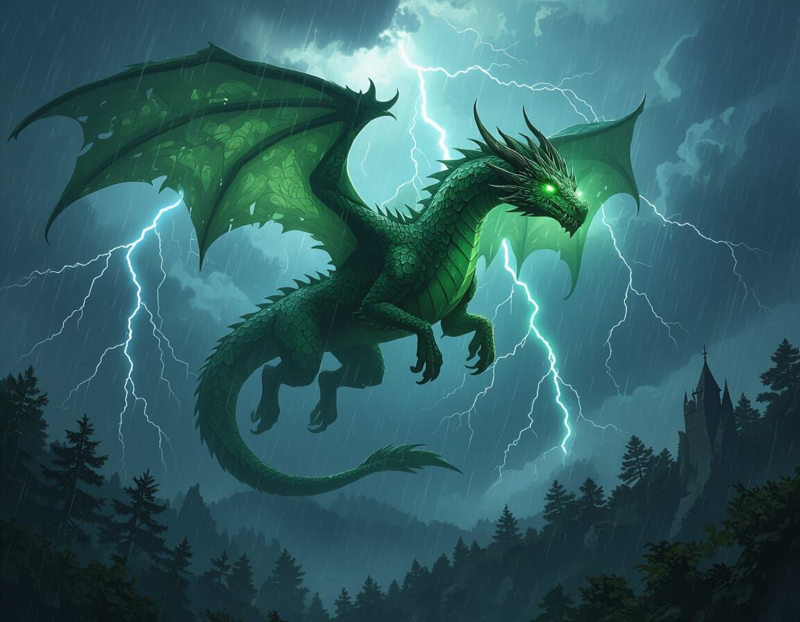 Celtic Dragon Soaring Through Stormy Sky in Fantasy Style