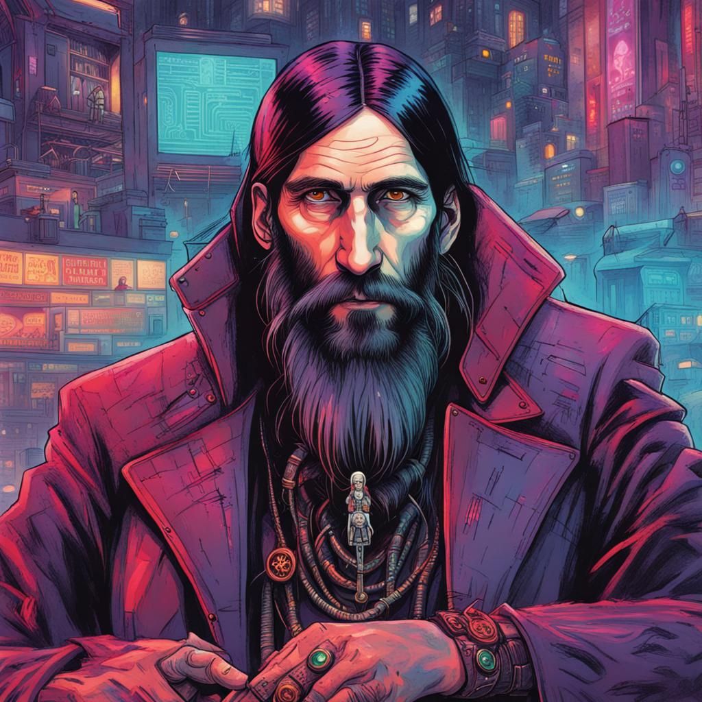 A colorful drawing of Rasputin in a cyberpunk dystopia