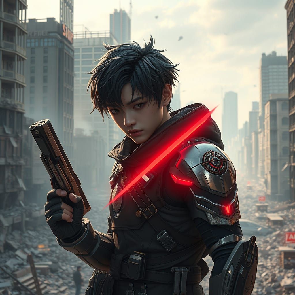 Young Warrior in Ruins of Alien Invasion