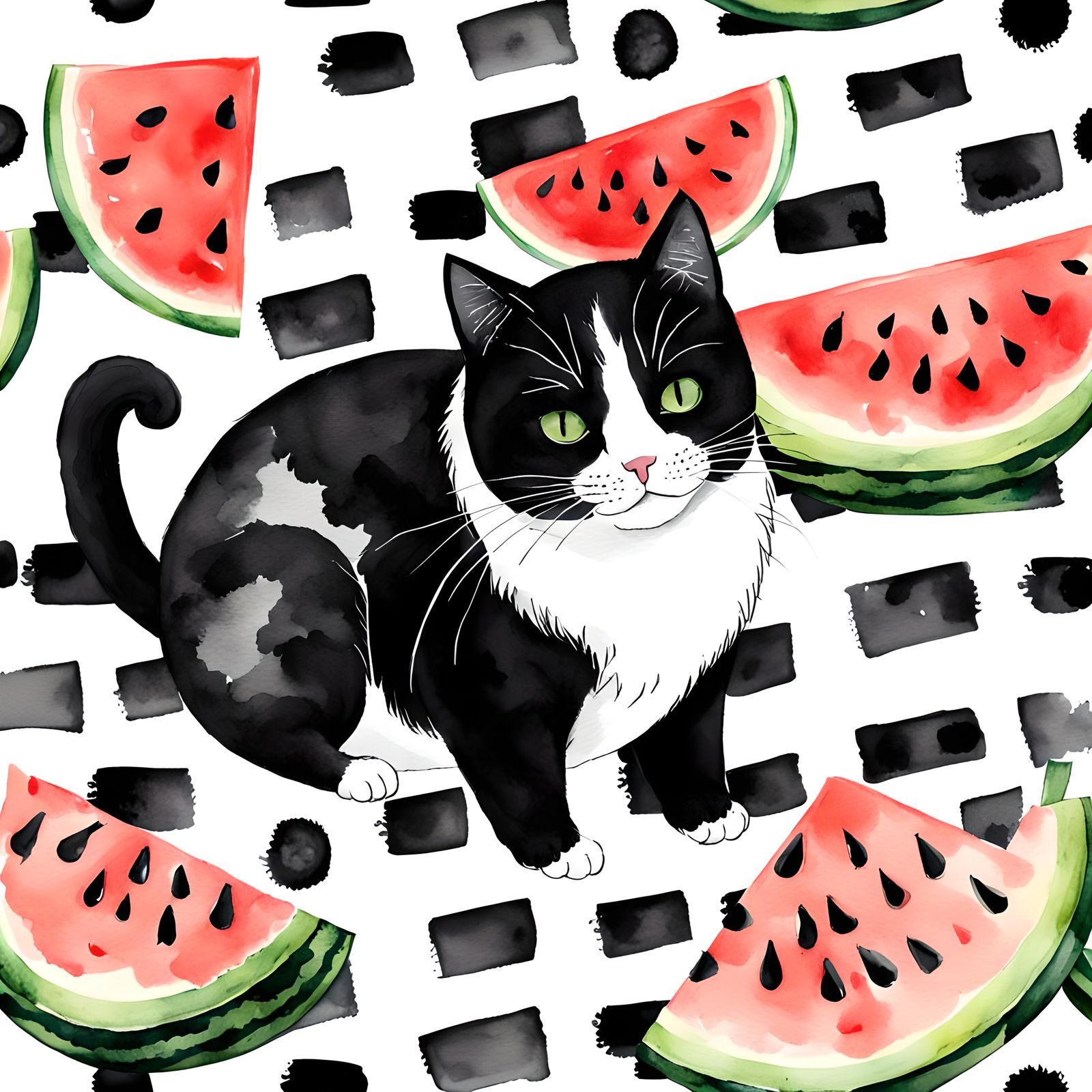 Watercolor Cat BBQ: Summer Watermelon Feast