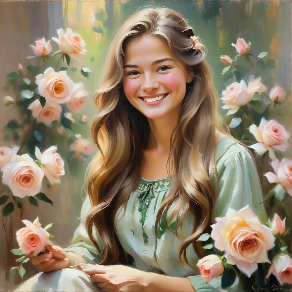 Woman Creating Roses: An Impressionist Oil Painting