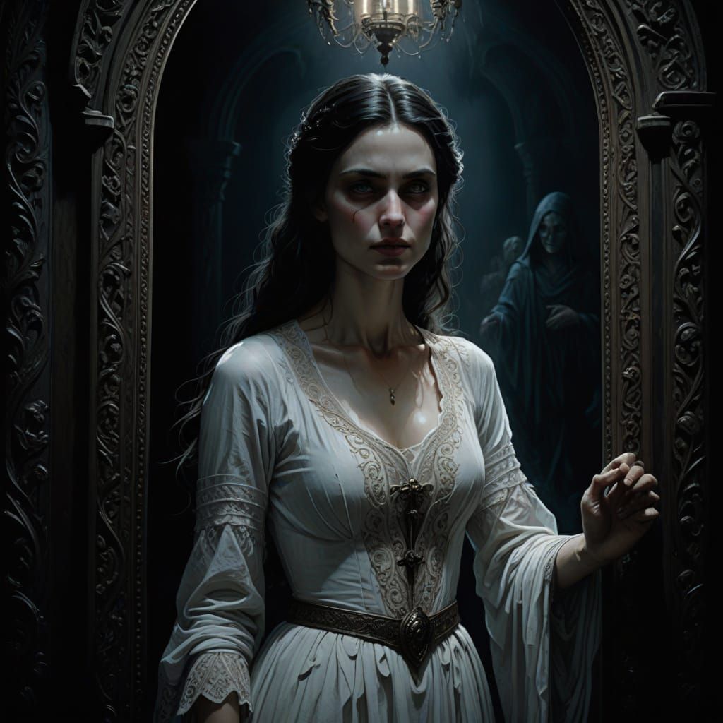 Medieval Mirror: Half-Elf and Ghostly Reflection