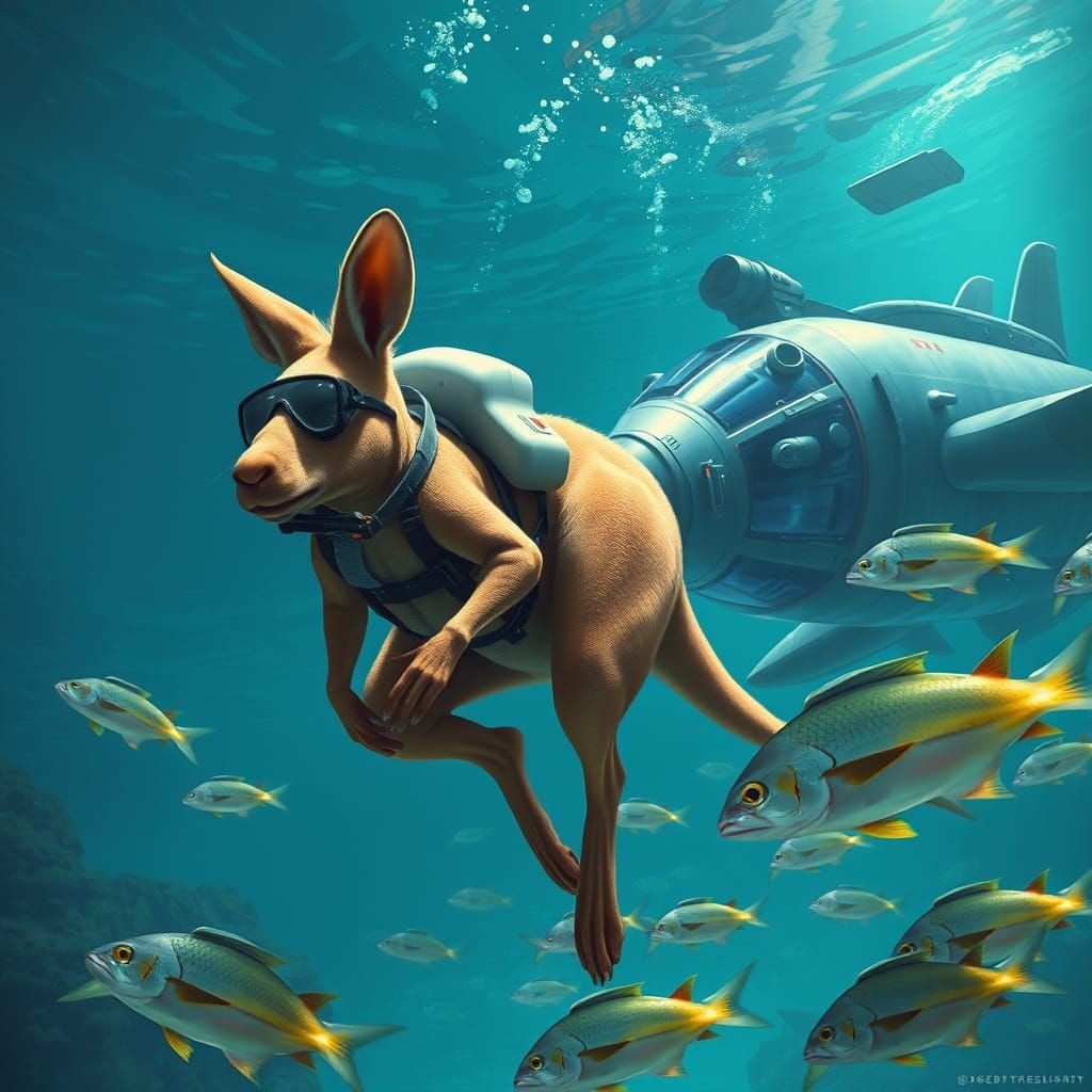 Underwater Kangaroo Hunt in Futuristic Style
