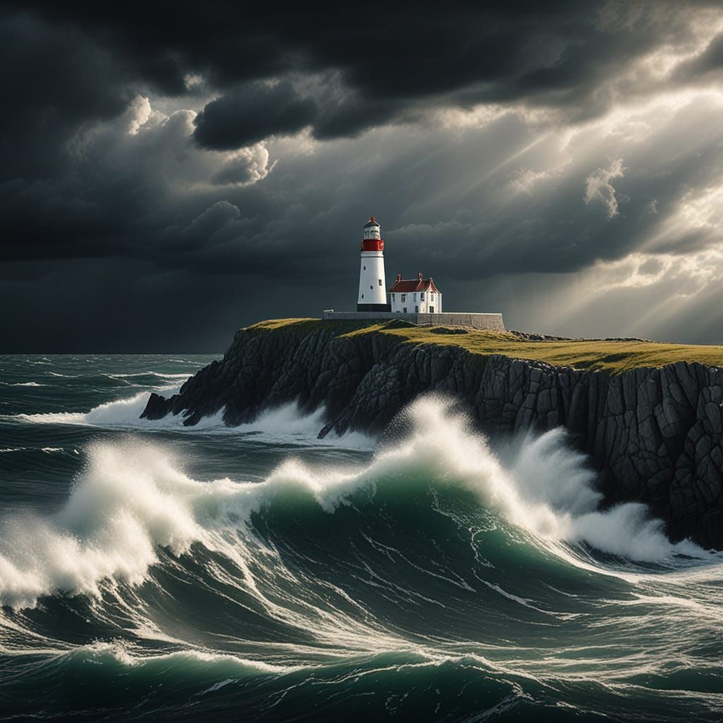Lone Lighthouse in Stormy Seas, Cinematic Film Still