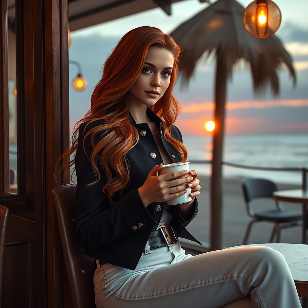 Romantic Beachside Coffee Shop Scene in Airbrush Style