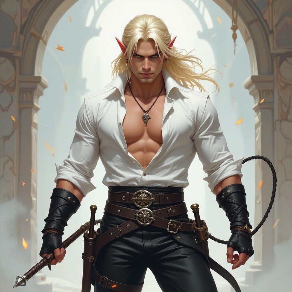 Half-Elf Rogue Wielding Whip and Wand