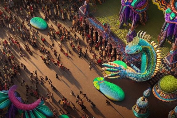 Colorful Aztec People with Iguanas, Renaissance Painting