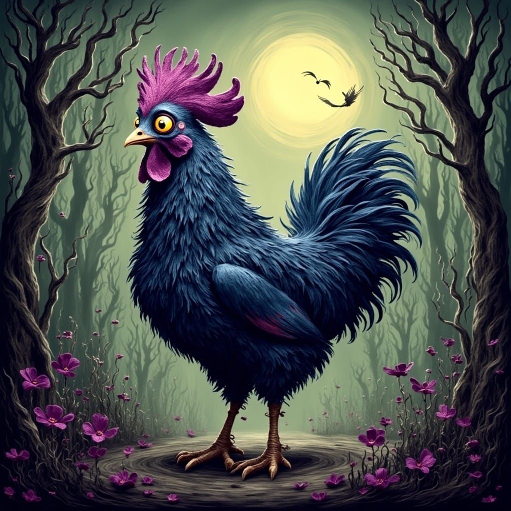 Chicken drawn in the style of Dan Mumford and Tim Burton <lora:SybilThorn-FluxLORA6:1.0>