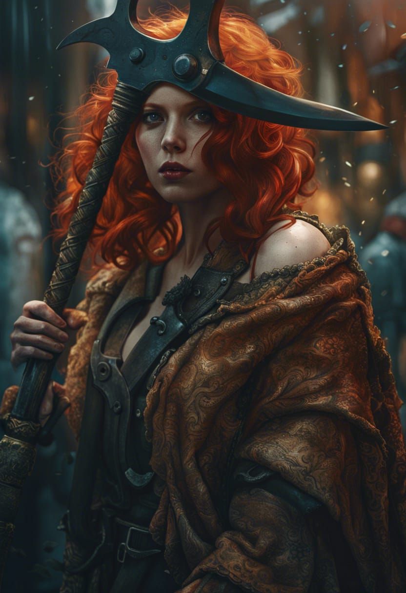 Voluptuous Redhead Warrior Woman with Battle Axe