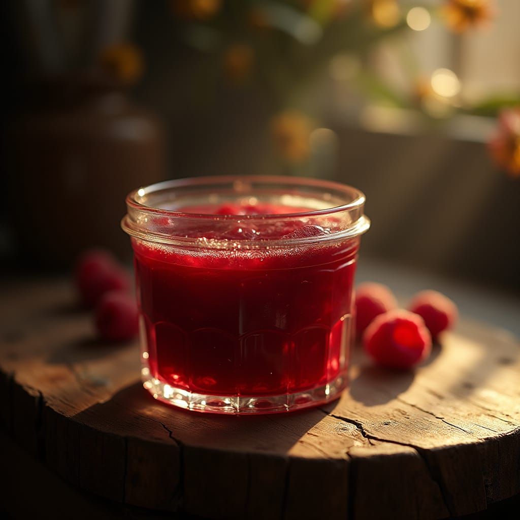 Raspberry Jam Jar on Wooden Table with Cinematic Lighting