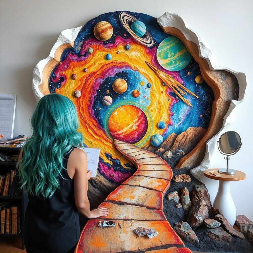 Girl Artist Paints Cosmic Gateway in High Relief Trompe L'oe...