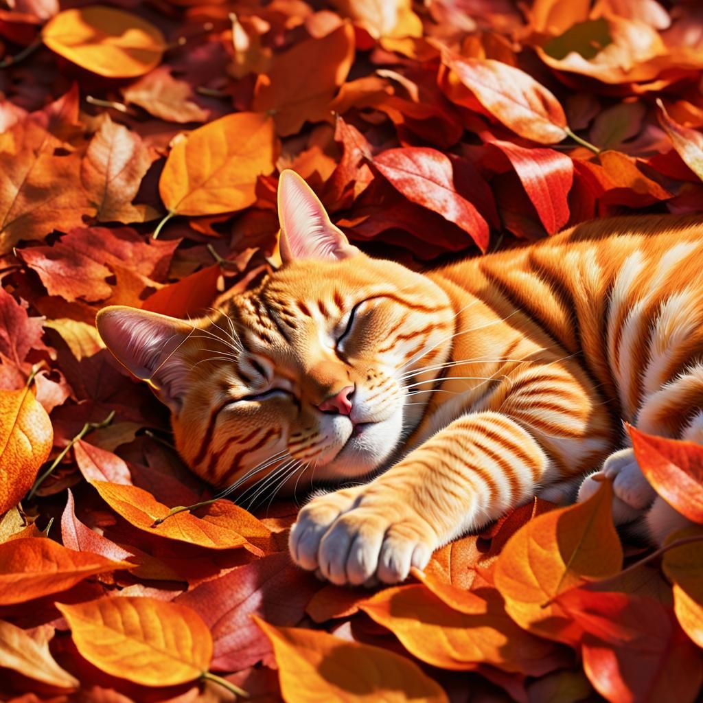 Orange Tabby Cat Sleeping in Autumn Leaves