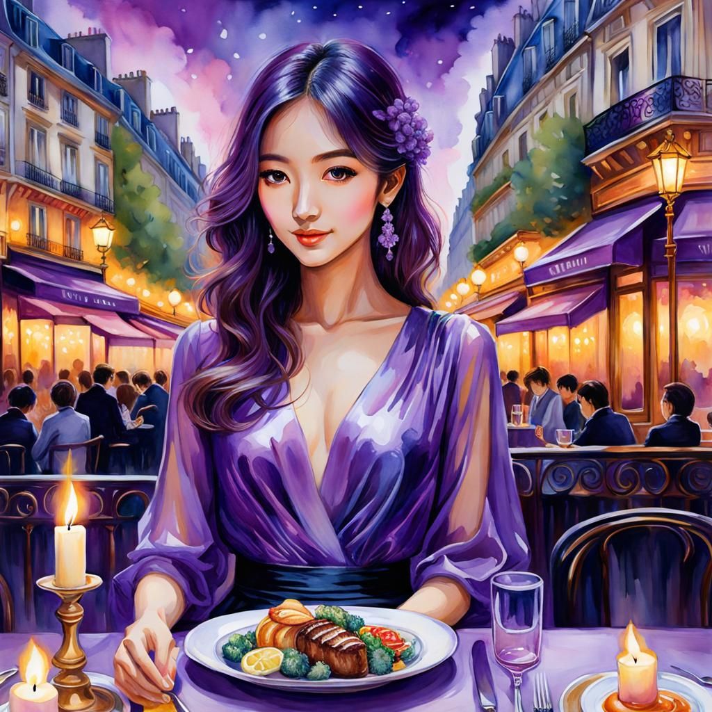 Anime Woman's Romantic Candlelit Dinner in Paris