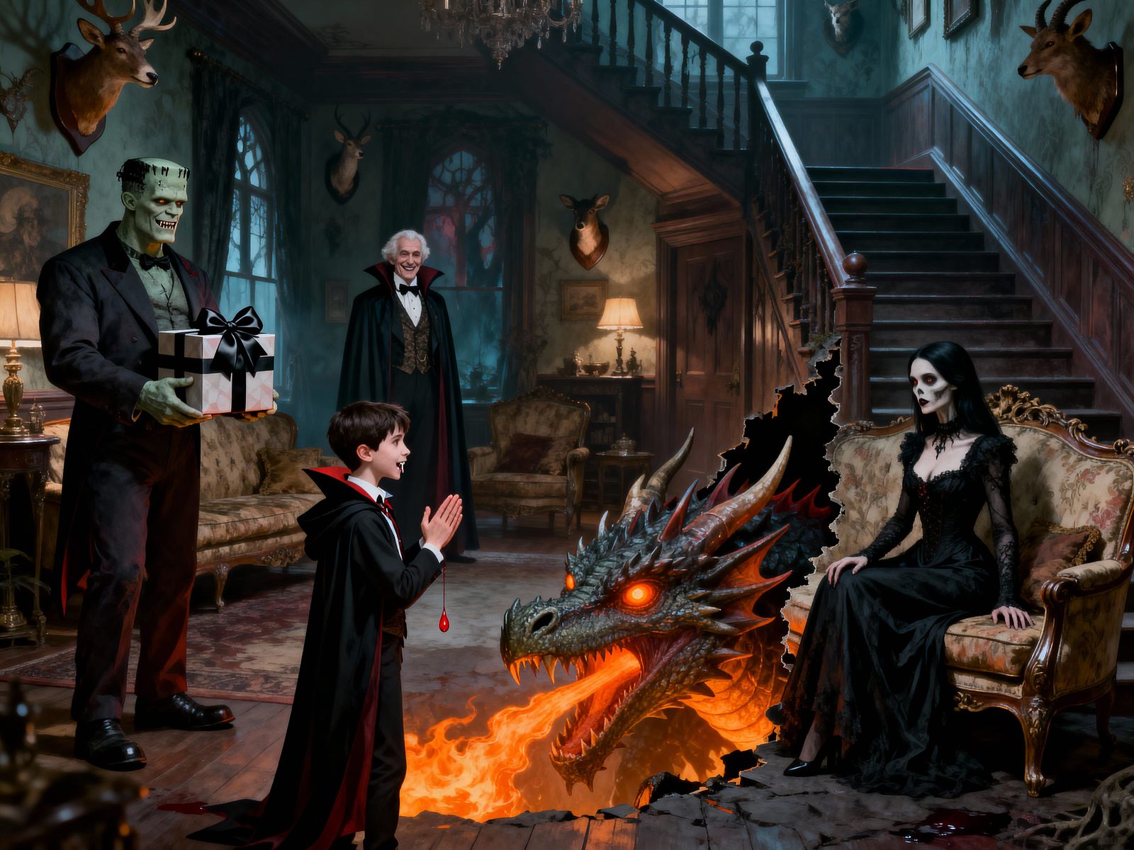 Haunted House Birthday With Dragon And Monsters