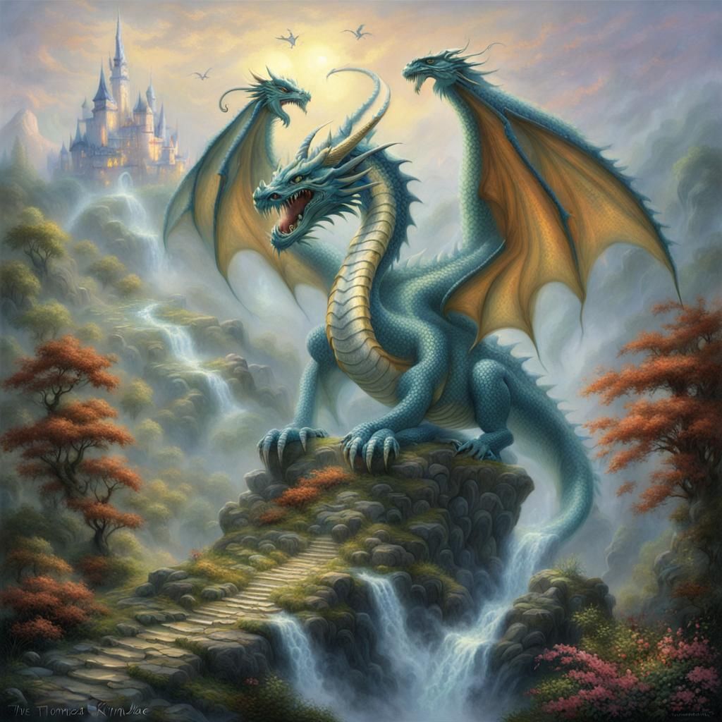 Three-Headed Dragon in Ethereal Fantasy Landscape