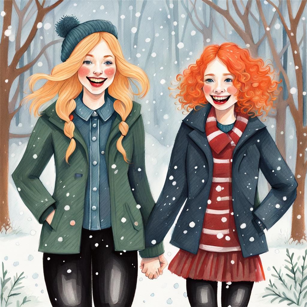Romantic Gouache Illustration of Two Women in Snowfall