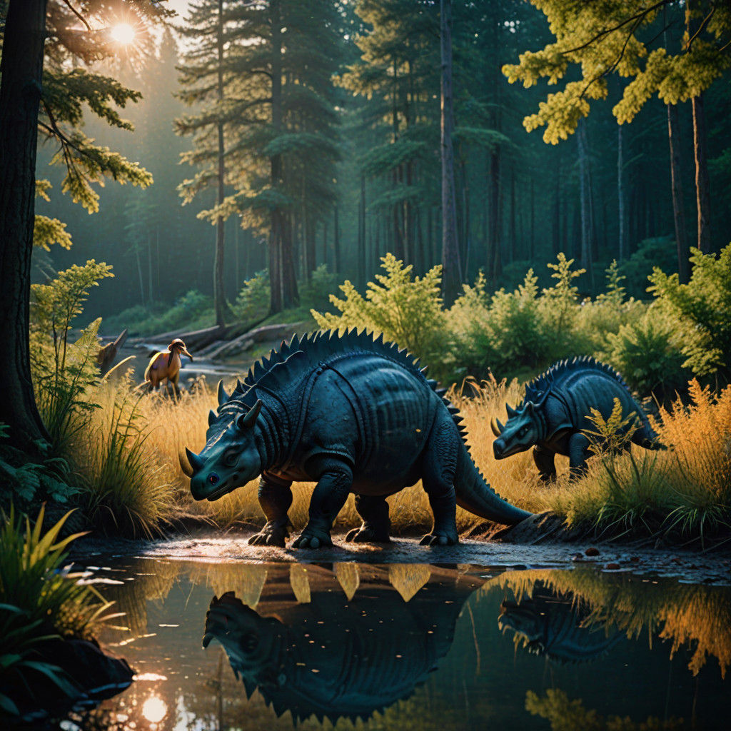 Stegosaurus Family's Serene Watering Hole Encounter in Cinem...