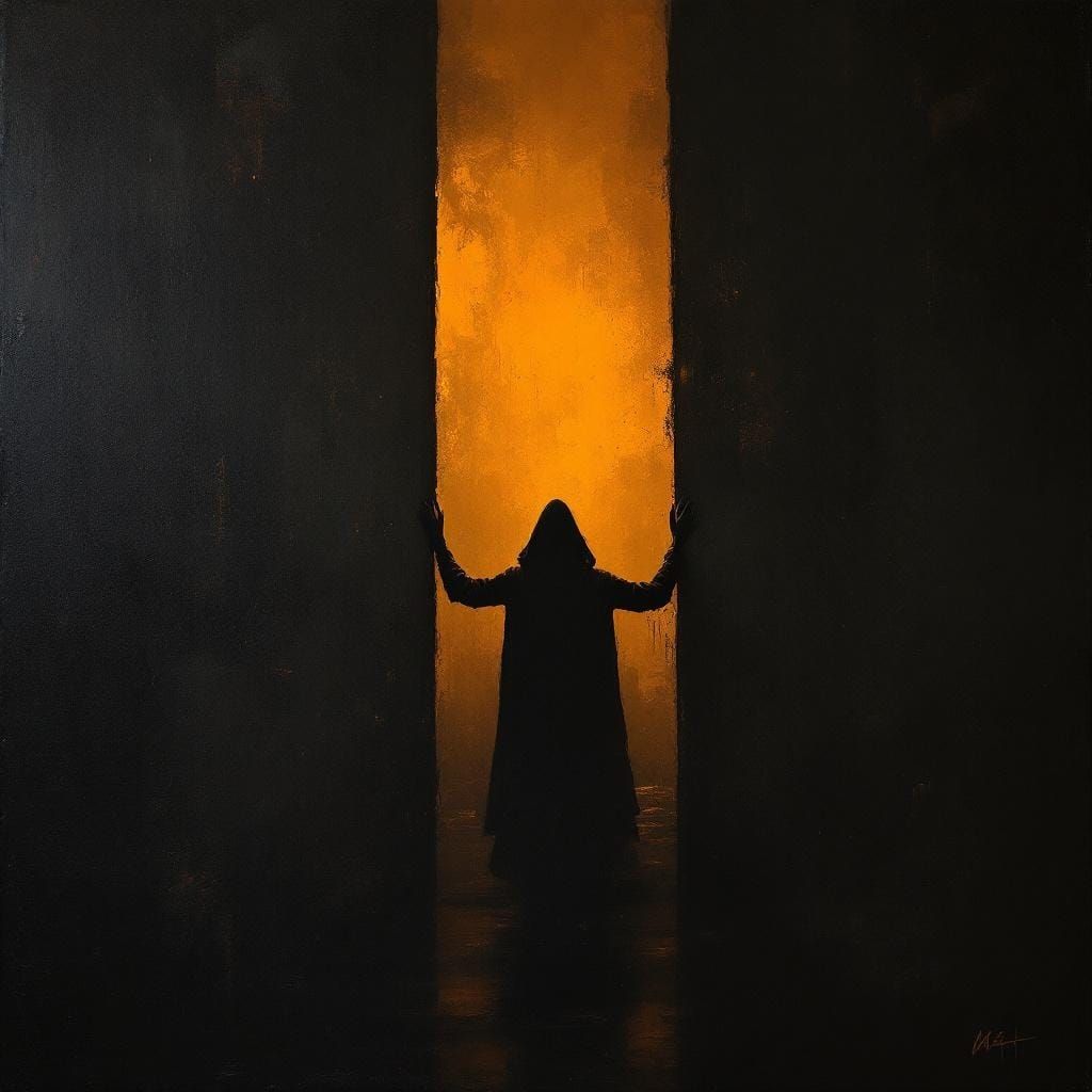 Figure at Threshold: Oil Painting in Dark Amber Shades