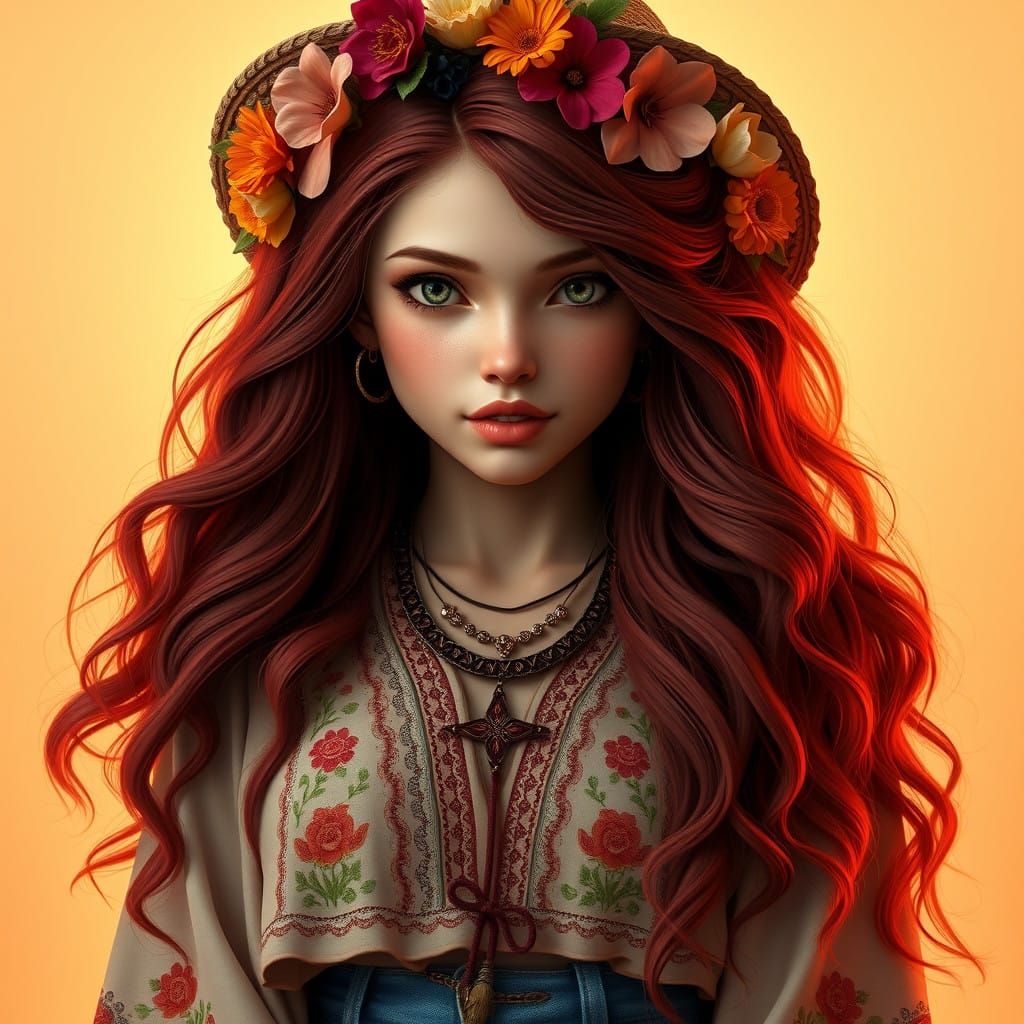 Bohemian Beauty with Floral Crown and Rich Colors