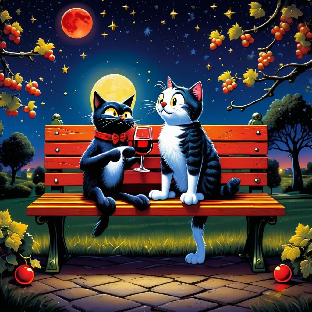 Tweety Bird and Sylvester the cat sitting together on a park...