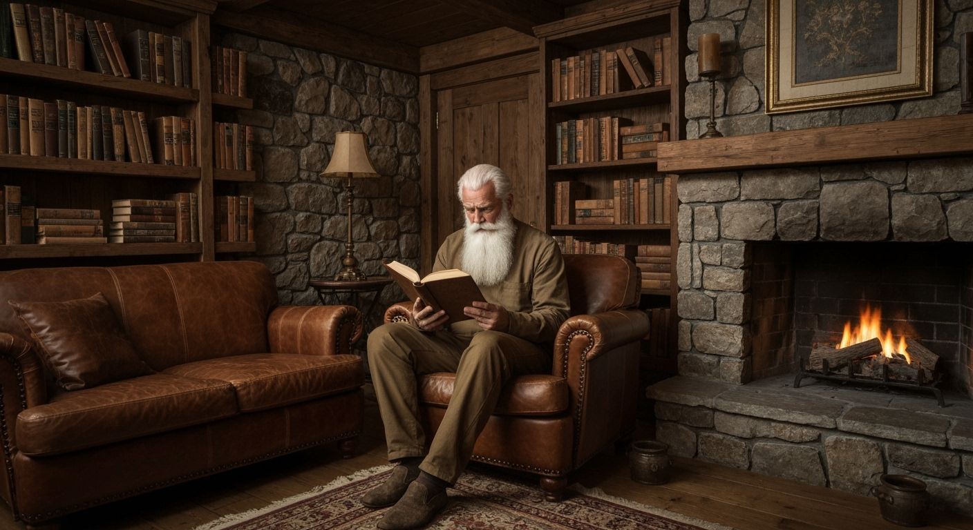 Druid Reading in Rustic Library: AI Art