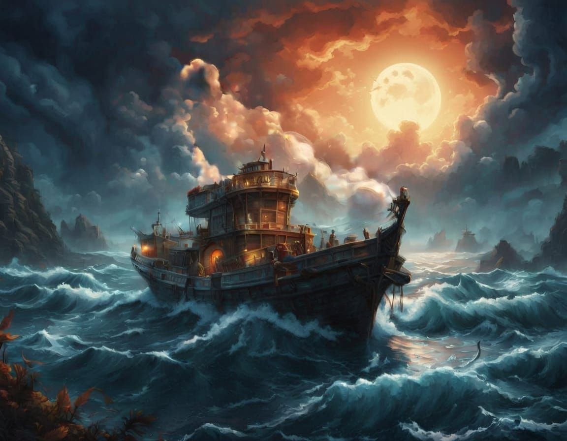Fishing Boat on Calm Seas in a Fantastical Style