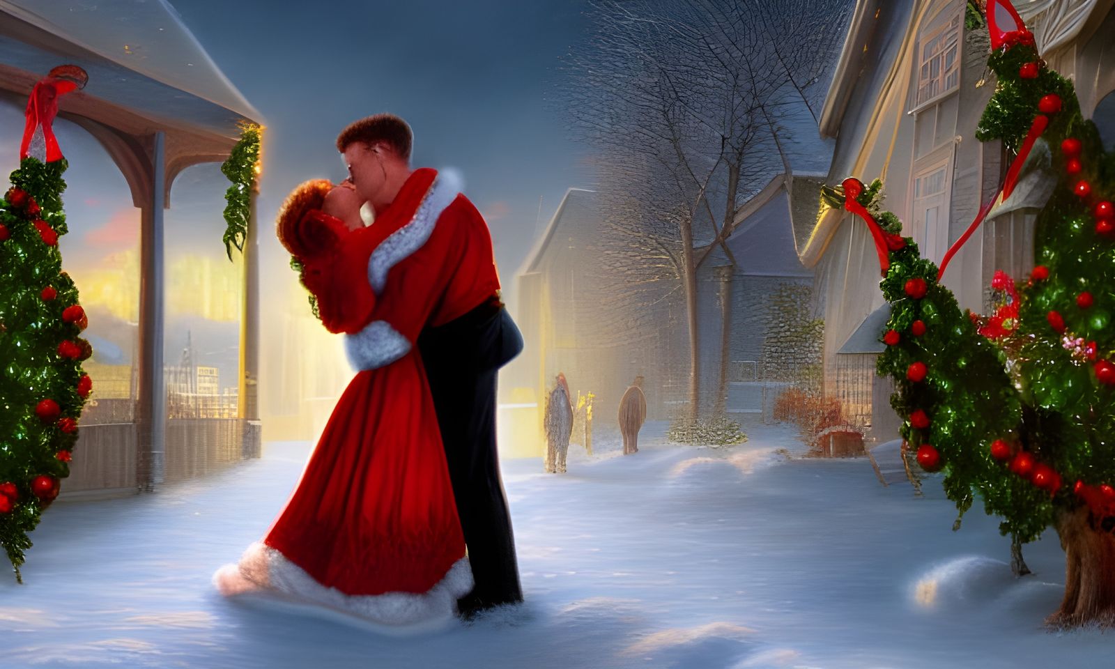 Romantic Christmas Kiss Under Mistletoe: Detailed Matte Pain...