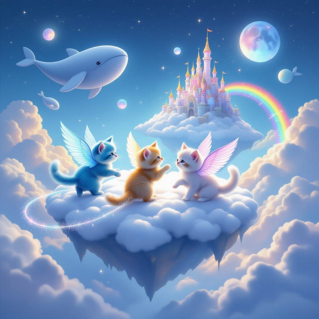 Kittens with Wings Chase Starlight on Cloud Island