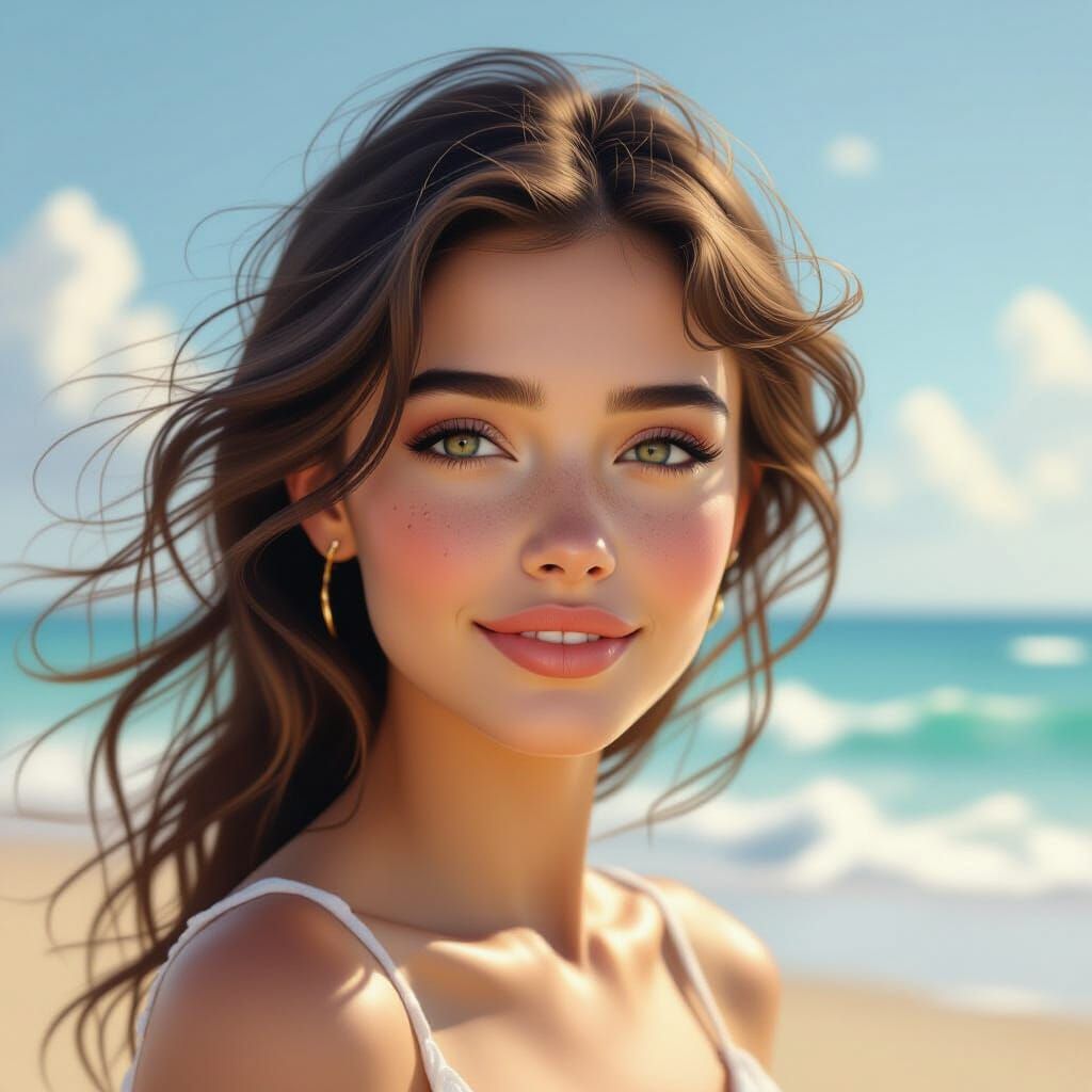 Serene Woman Portrait by Ocean in Watercolor and Digital Art