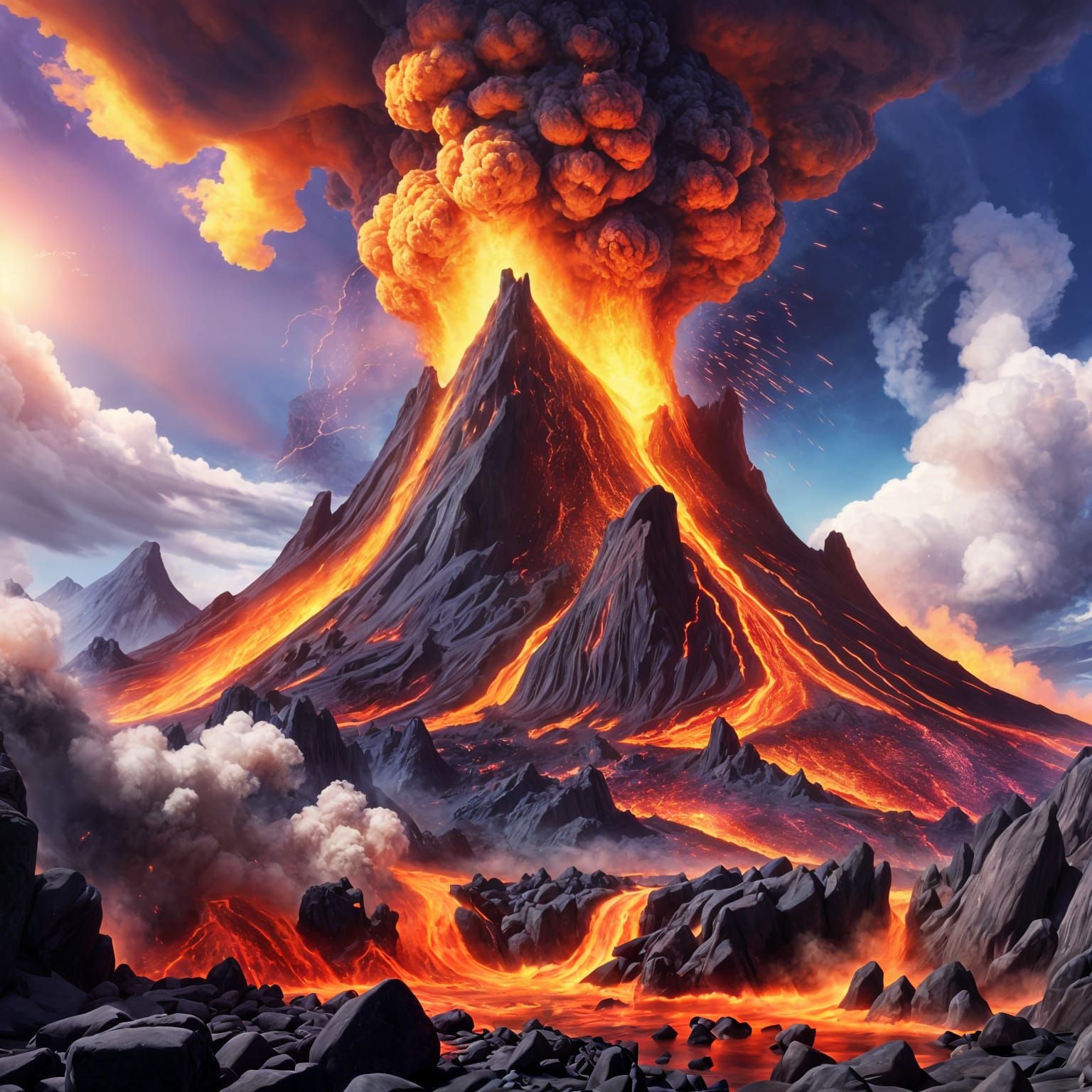 Erupting Volcano in Detailed Matte Painting Style