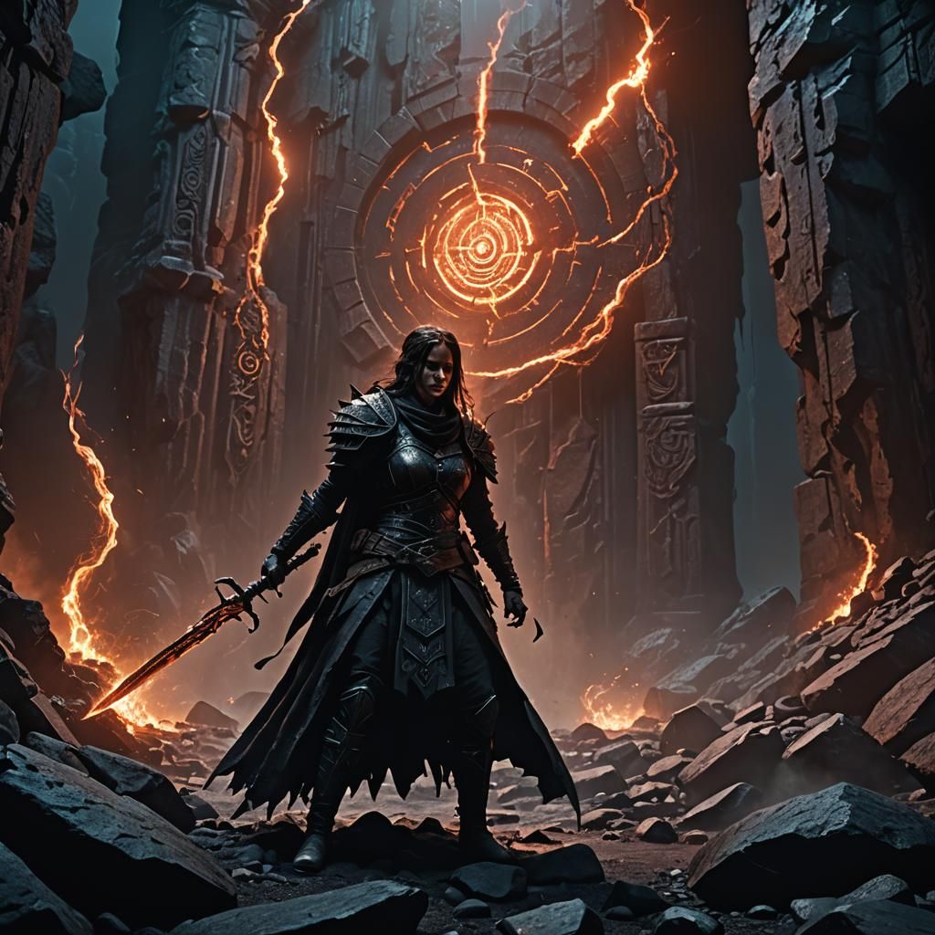 Warden Guards Ominous Portal in Dark Fantasy