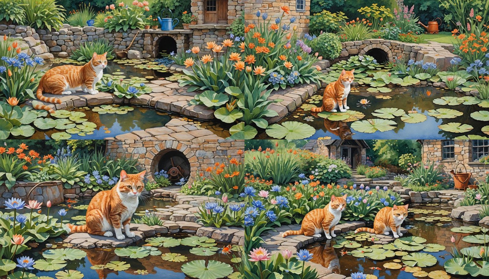 Ginger Cat at Waterlily Pond: Impressionist Gouache Painting