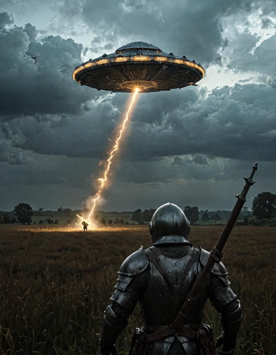 UFO over Medieval Warrior in Eerie Dark Skies