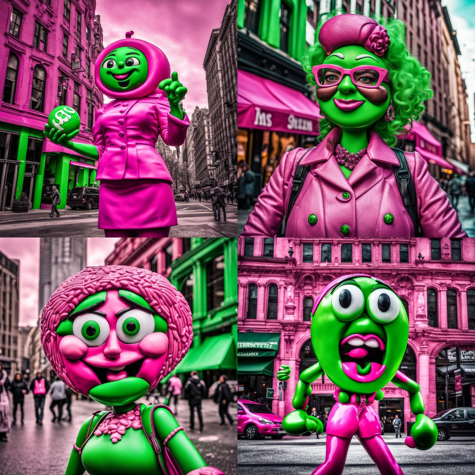 Sassy Green M&M Character in Pink City, Hyperrealistic