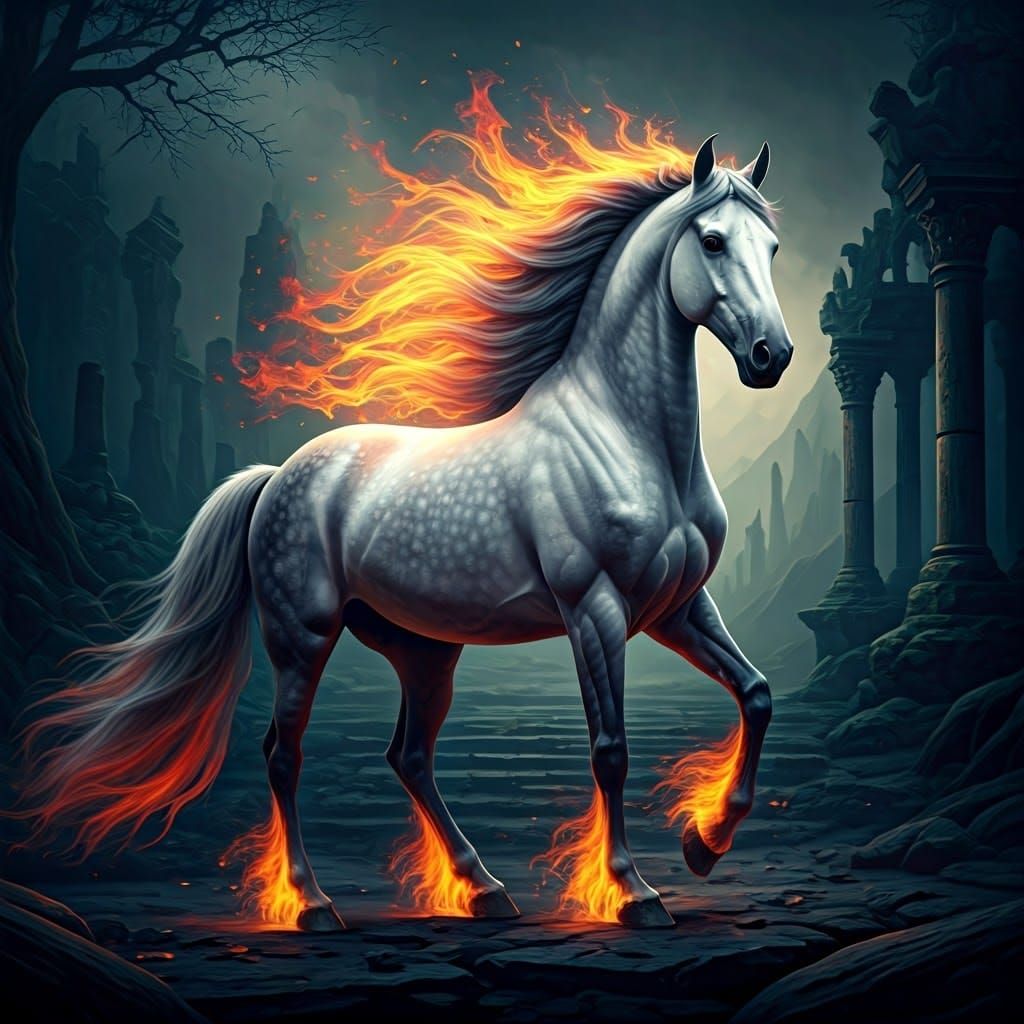 Majestic Gray Horse in Mystical Flames