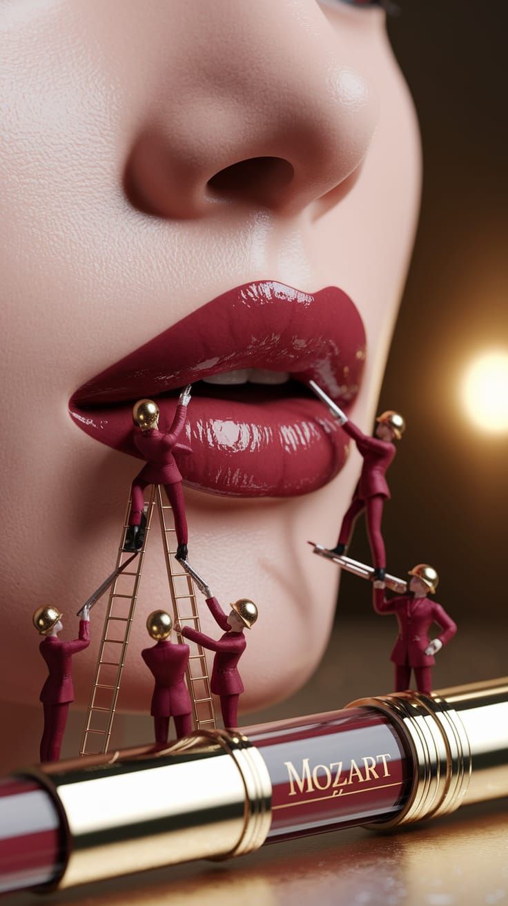 Hyper-Realistic Red Lipstick Scene with Miniature Workers