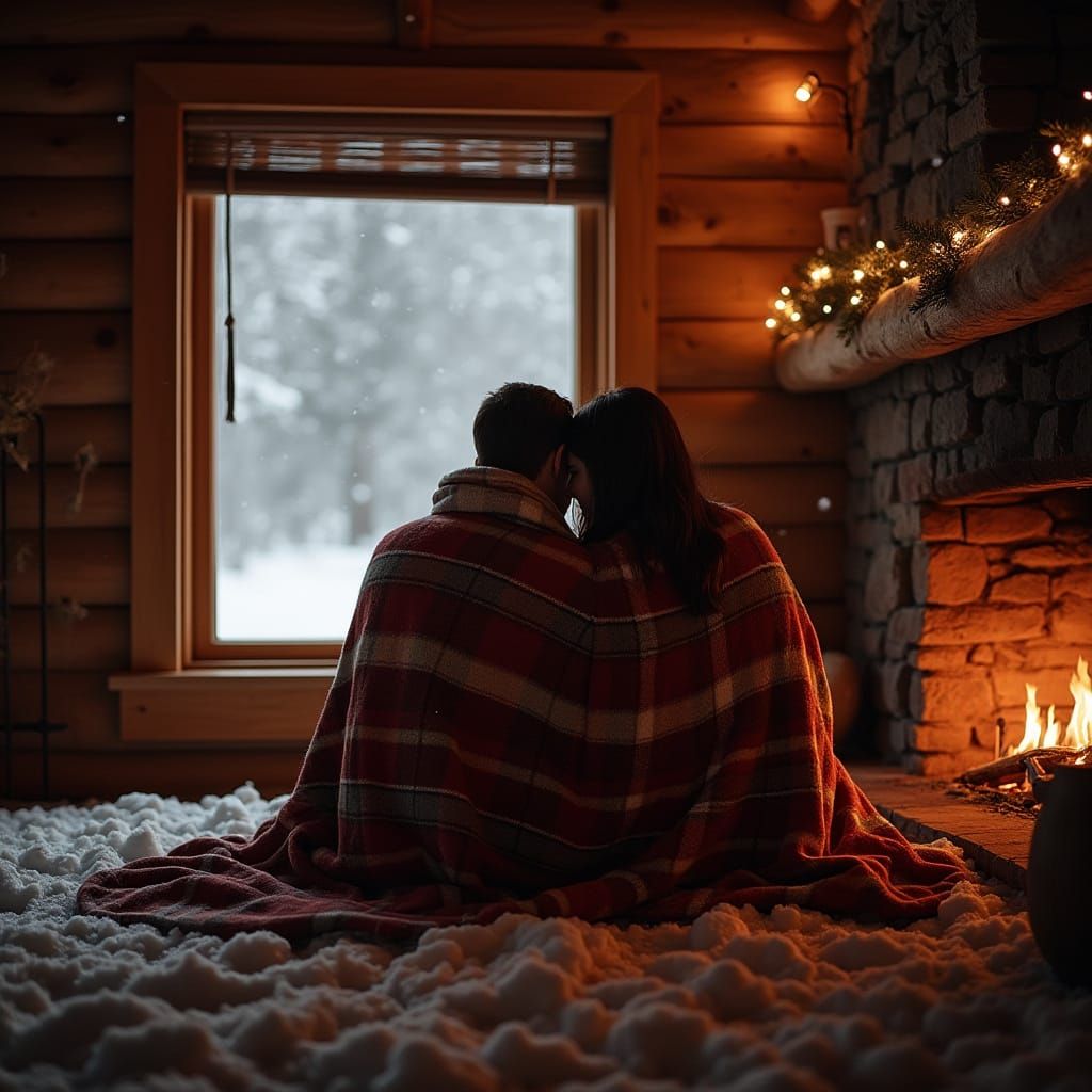 Cozy Couple Cuddling in Winter Cabin