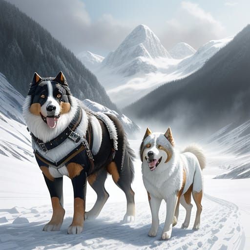 Regal Bernese Sled Dog in a Snowy Mountain Landscape