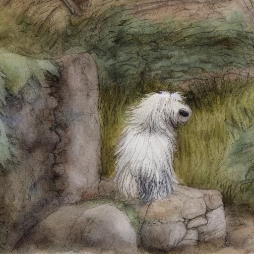 Whimsical Watercolor of Shaggy Sheepdog on Wall