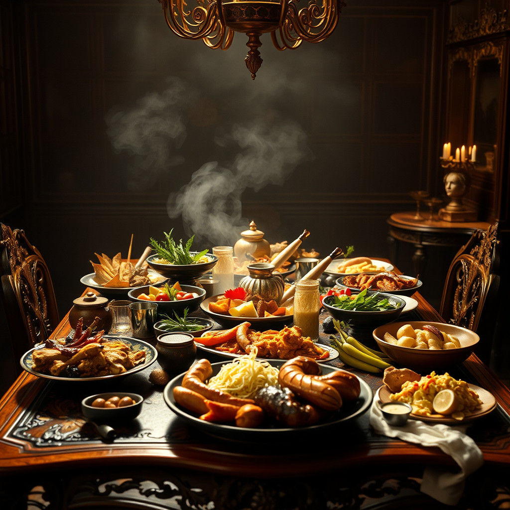 Exotic Cuisine Feast on Antique Wooden Table