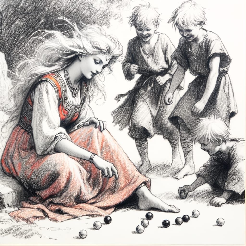 Norse Goddess Plays Marbles with Children in Charcoal Sketch