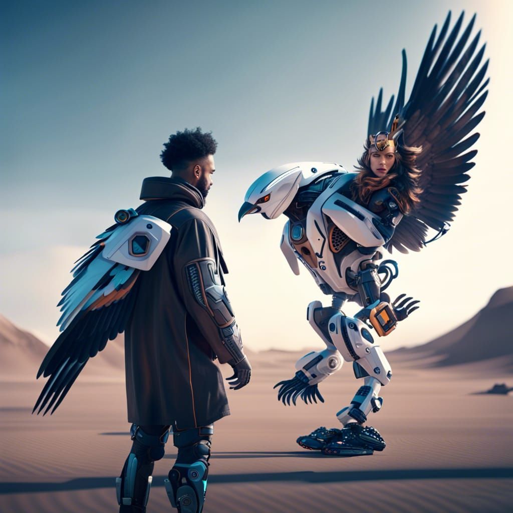 Futuristic Human with Robotic Hawk in Cinematic Style