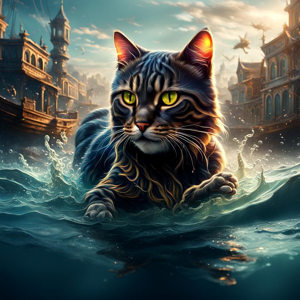 Cat Swimming in Sea: Detailed Matte Painting