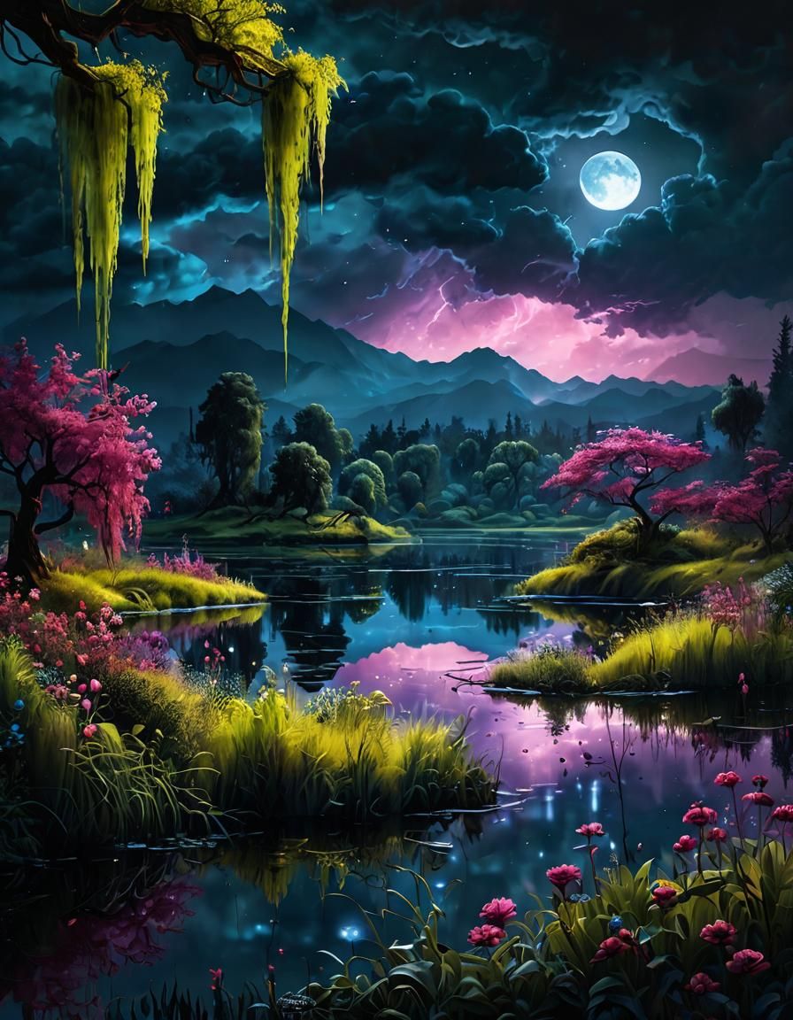 Neon Fantasy Landscape Under Moonlight: Oil Painting