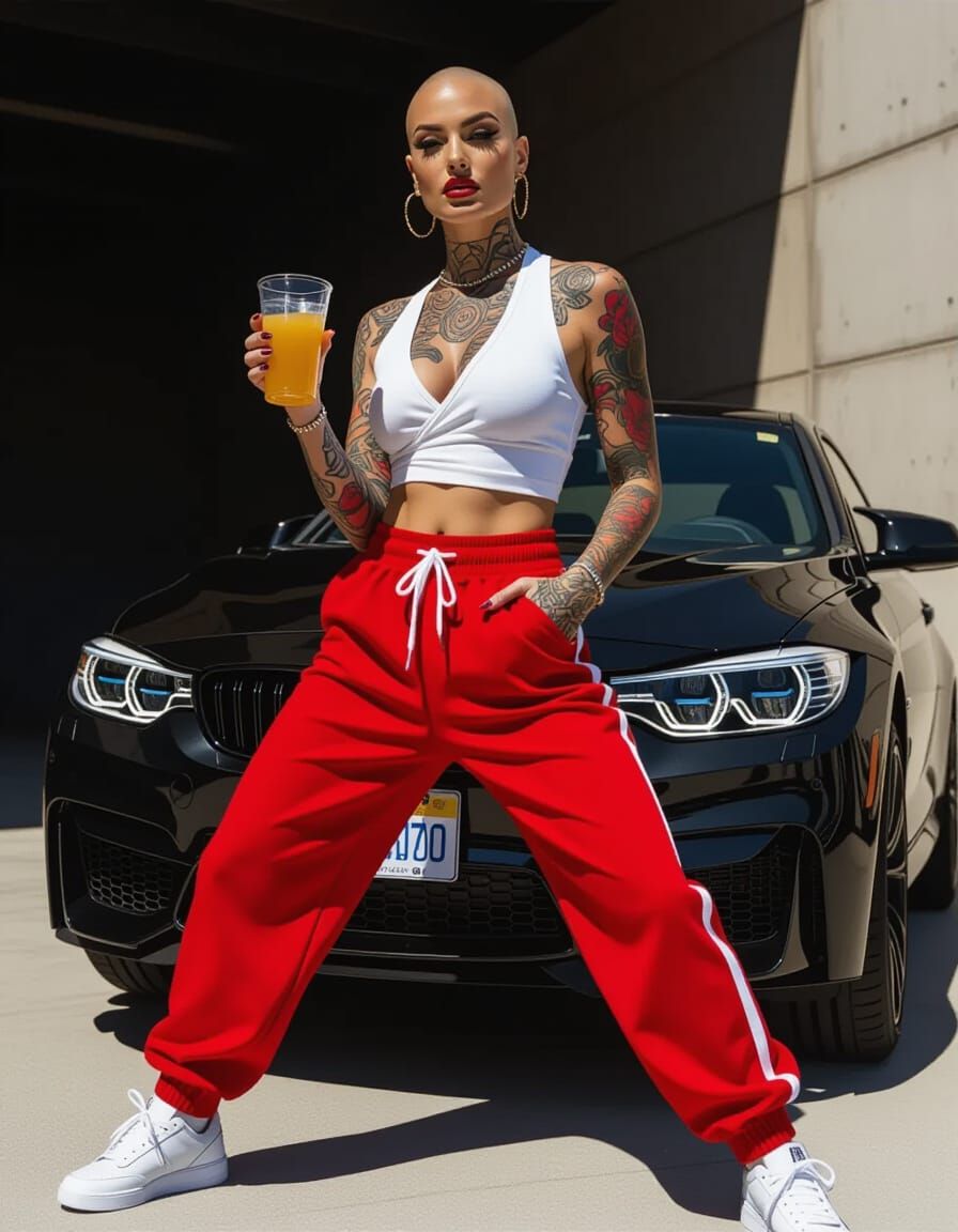 Tattooed Woman in Streetwear with Moody Lighting