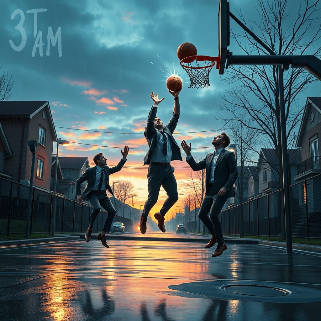 Futuristic Basketball Game at Sunset in Cyberpunk Style