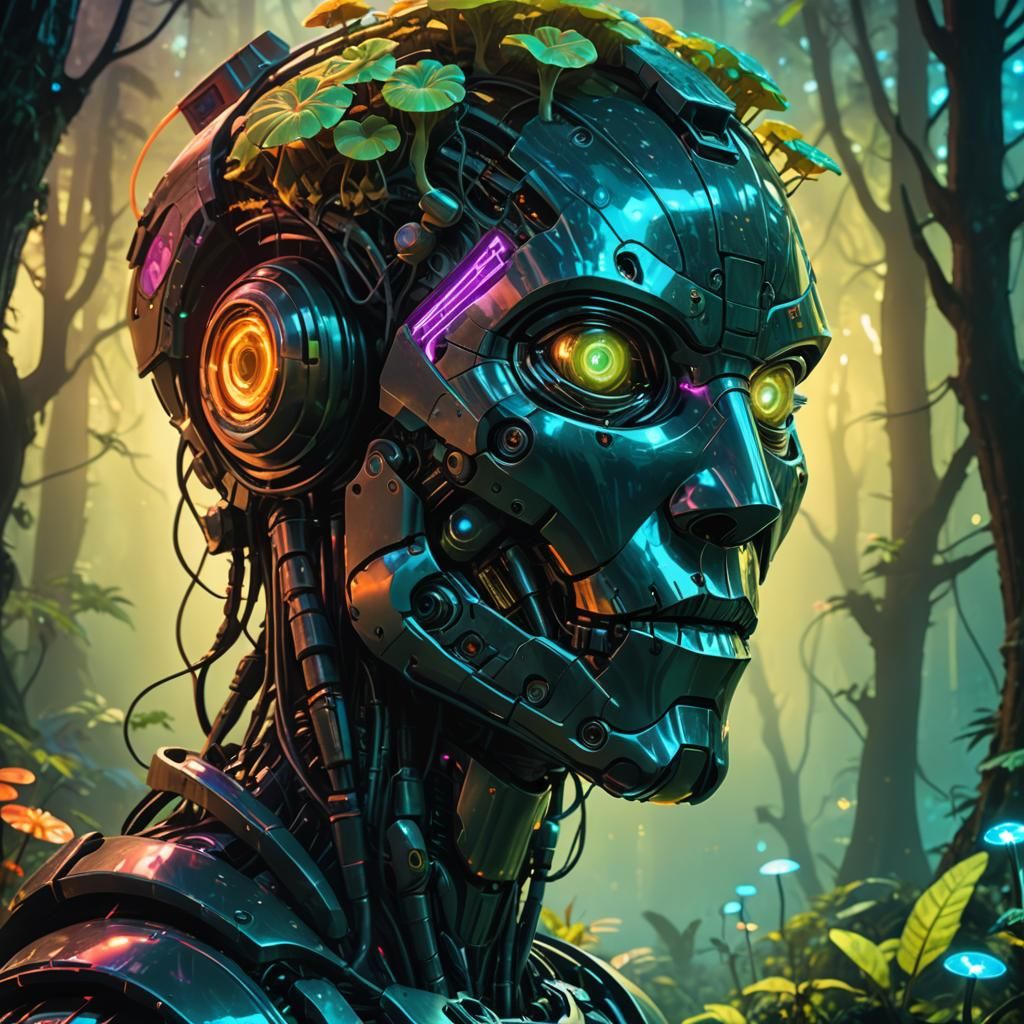 Futuristic Robot in Mystical Neon Forest Concept Art