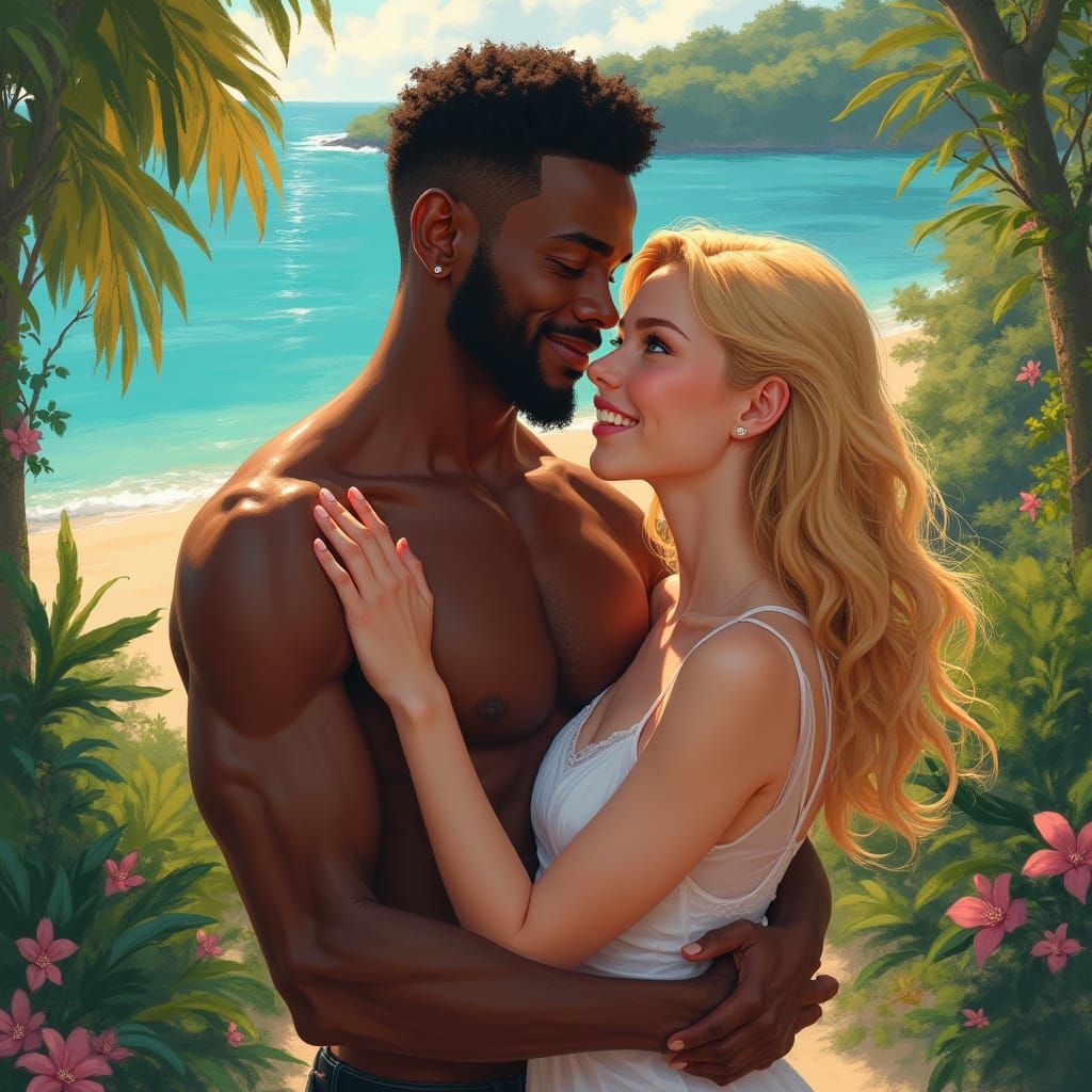 Idyllic Tropical Romance Between a Black Man and a Young Wom...