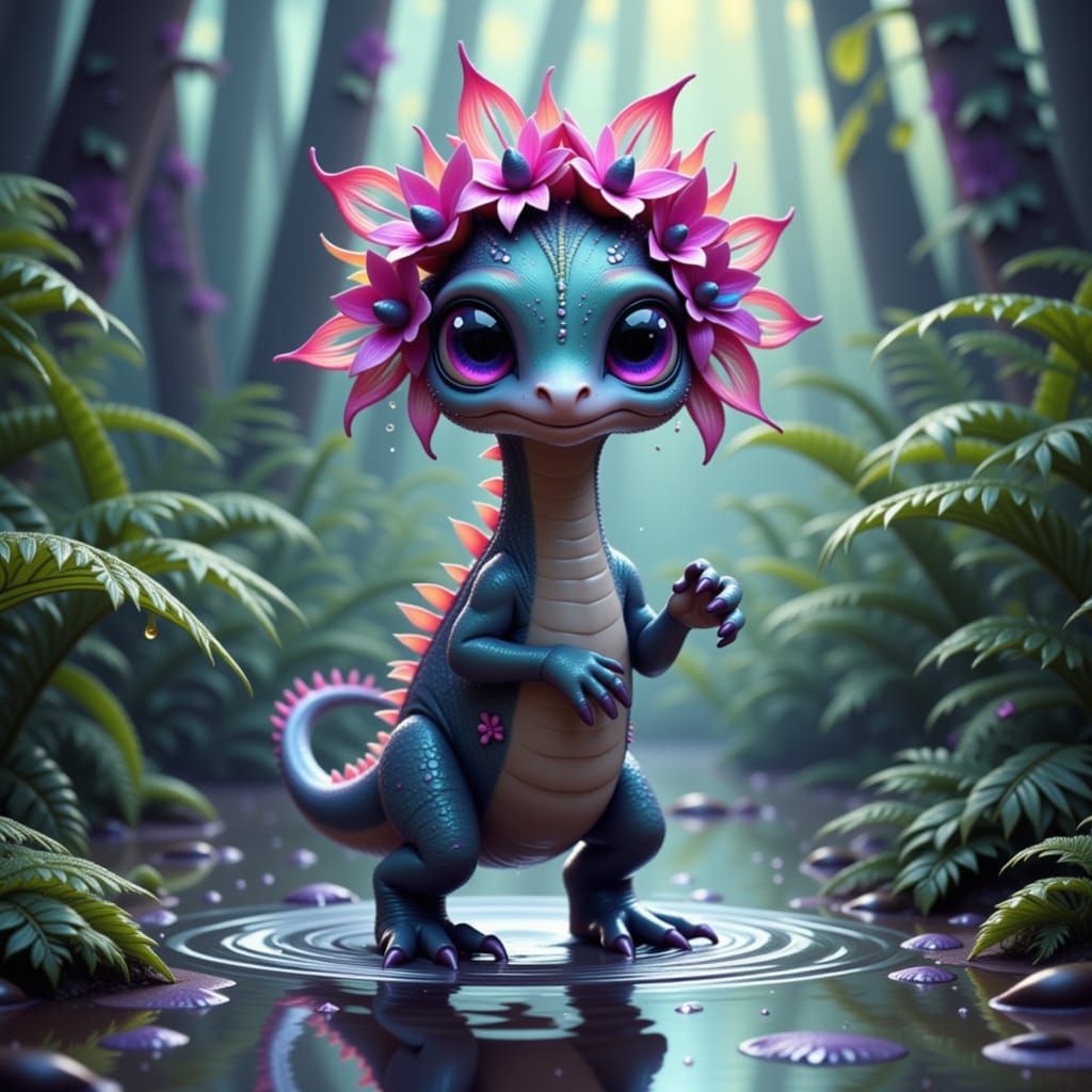 Baby Diplodocus with Floral Garland in Dreamy Forest