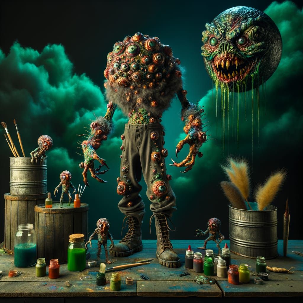 Eerie Cinematic Scene of a Mutant Humanoid in a Dark, Green-...